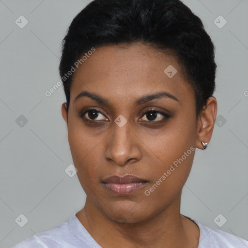 Neutral black young-adult female with short  black hair and brown eyes