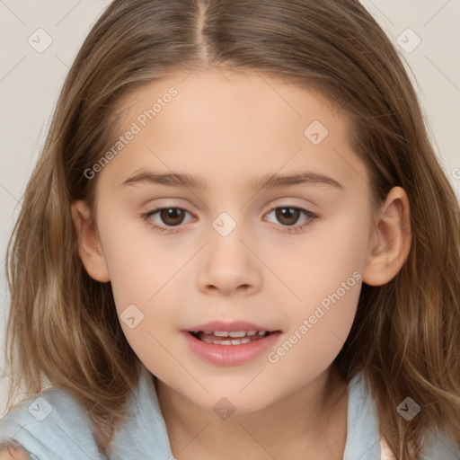 Joyful white child female with medium  brown hair and brown eyes