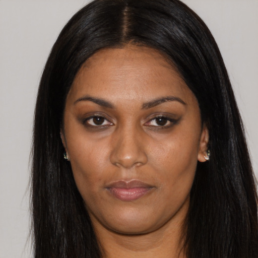 Neutral asian young-adult female with long  black hair and brown eyes