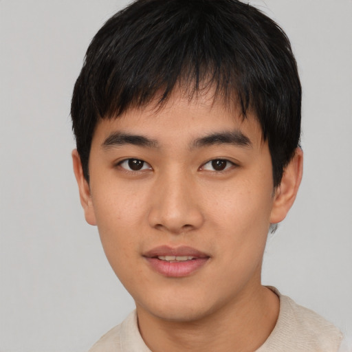 Neutral asian young-adult male with short  black hair and brown eyes
