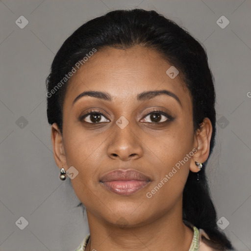 Joyful latino young-adult female with long  brown hair and brown eyes