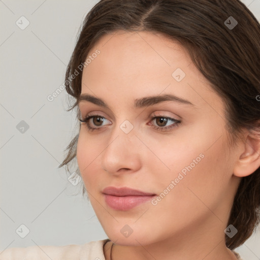 Neutral white young-adult female with medium  brown hair and brown eyes