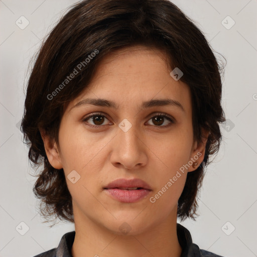 Neutral white young-adult female with medium  brown hair and brown eyes