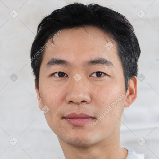 Neutral asian young-adult male with short  black hair and brown eyes