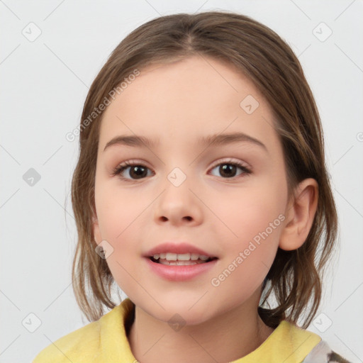 Joyful white child female with medium  brown hair and brown eyes