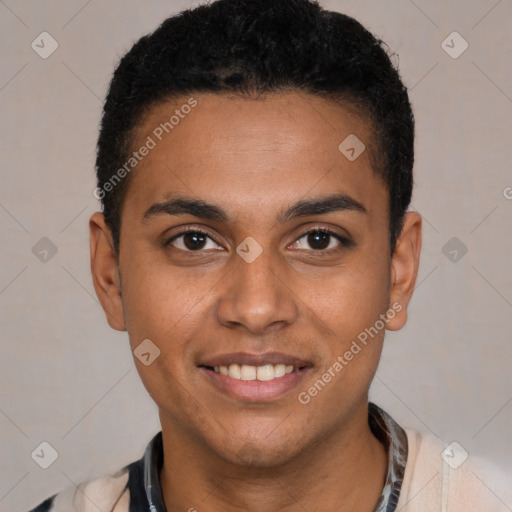 Joyful white young-adult male with short  black hair and brown eyes