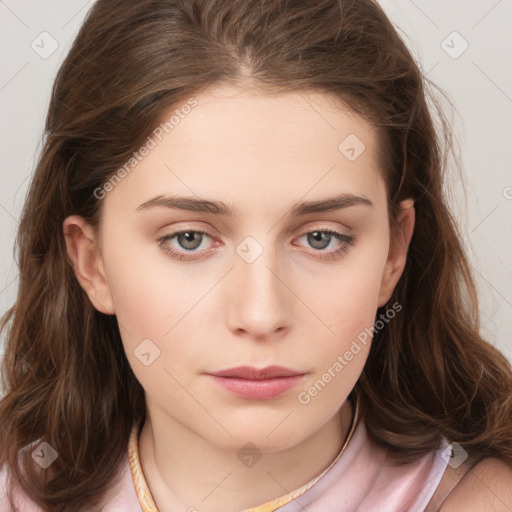 Neutral white young-adult female with long  brown hair and brown eyes