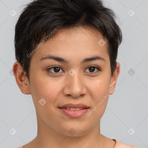 Joyful asian young-adult female with short  brown hair and brown eyes