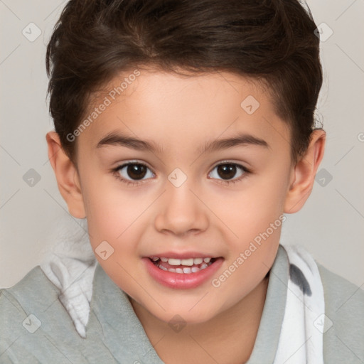 Joyful white child female with short  brown hair and brown eyes