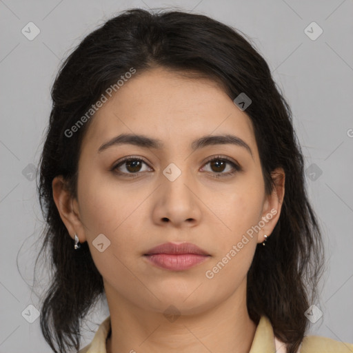 Neutral asian young-adult female with medium  brown hair and brown eyes