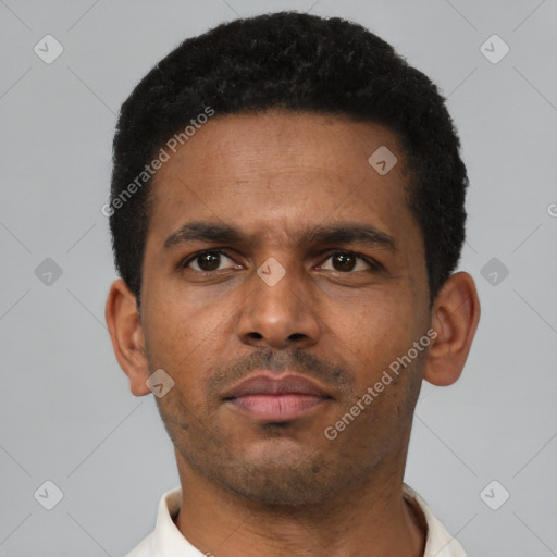 Neutral latino young-adult male with short  black hair and brown eyes