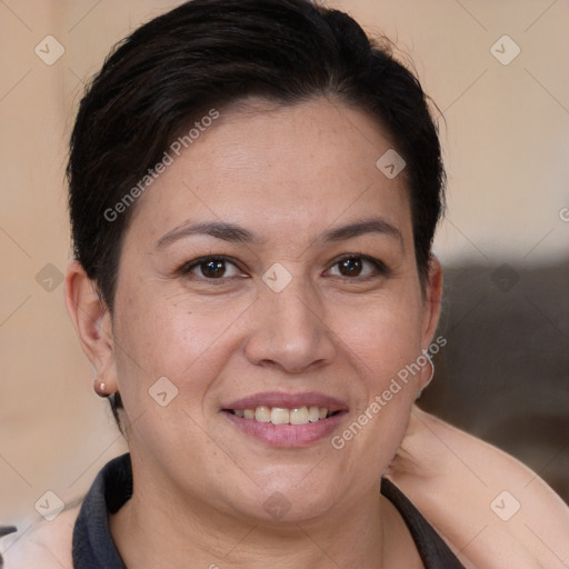 Joyful white adult female with short  brown hair and brown eyes