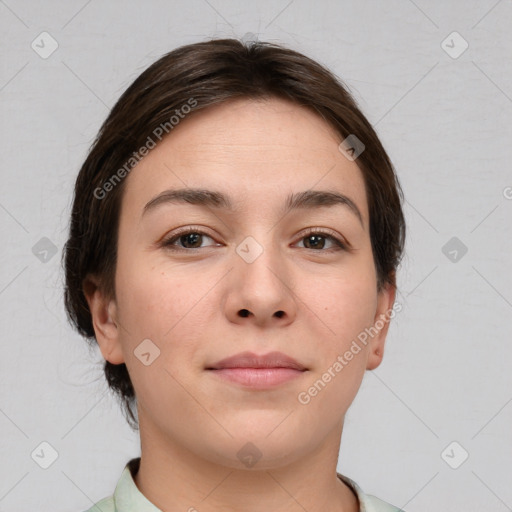 Neutral white young-adult female with medium  brown hair and brown eyes