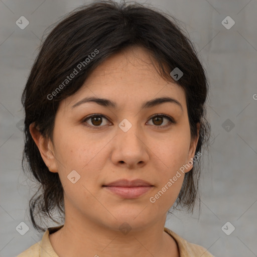 Neutral asian young-adult female with medium  brown hair and brown eyes