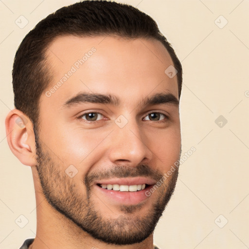 Joyful white young-adult male with short  brown hair and brown eyes