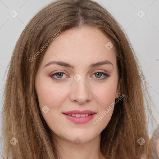 Joyful white young-adult female with long  brown hair and green eyes