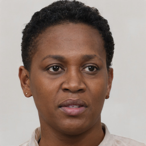 Neutral black young-adult female with short  brown hair and brown eyes