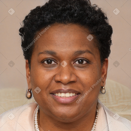 Joyful black adult female with short  brown hair and brown eyes