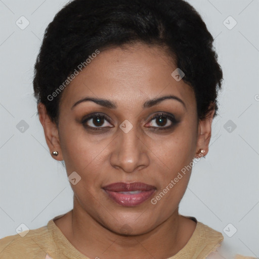 Joyful latino young-adult female with short  brown hair and brown eyes