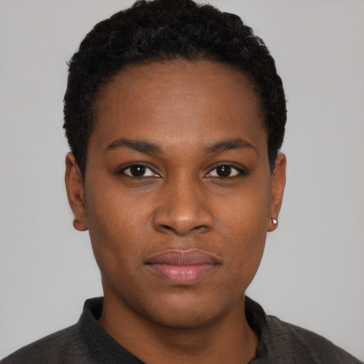 Neutral black young-adult female with short  black hair and brown eyes