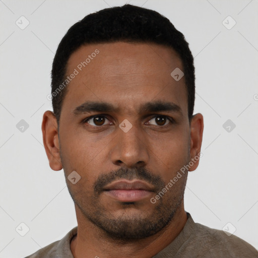 Neutral latino young-adult male with short  black hair and brown eyes