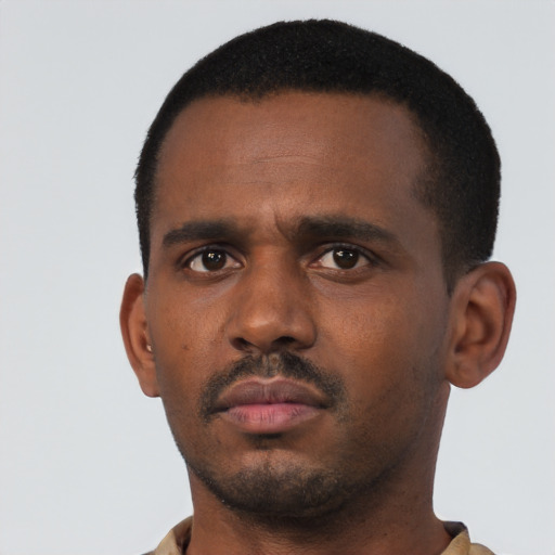 Neutral black young-adult male with short  black hair and brown eyes