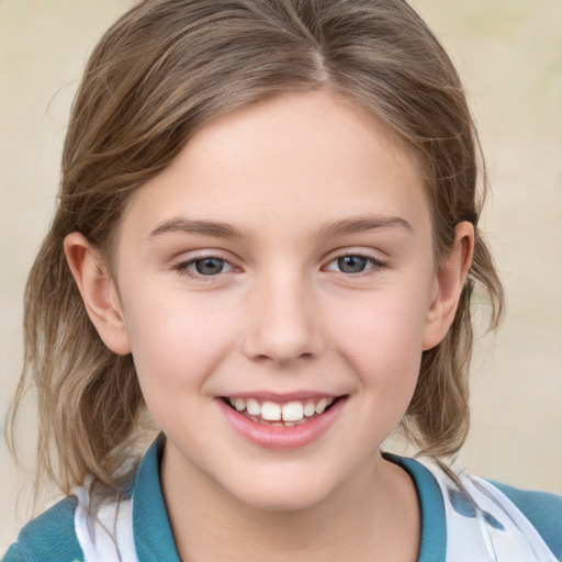 Joyful white child female with medium  brown hair and grey eyes