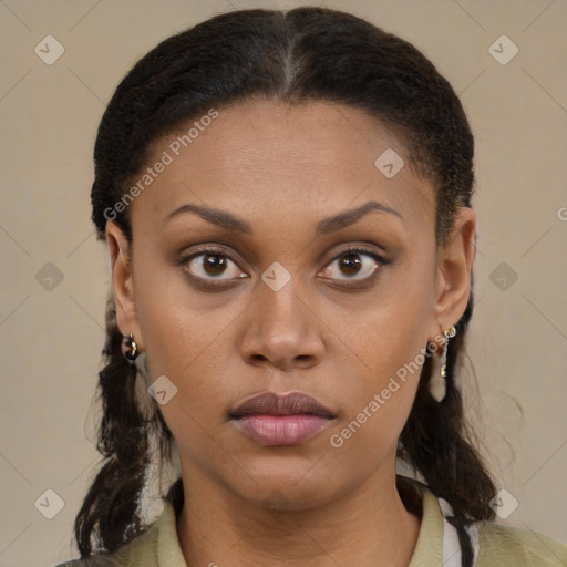 Neutral black young-adult female with medium  brown hair and brown eyes