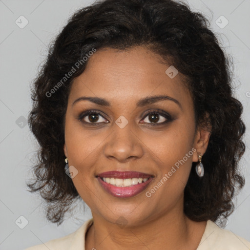 Joyful black young-adult female with medium  brown hair and brown eyes