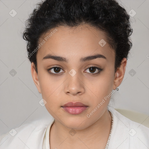 Neutral latino young-adult female with short  brown hair and brown eyes