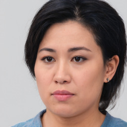 Neutral asian young-adult female with medium  brown hair and brown eyes