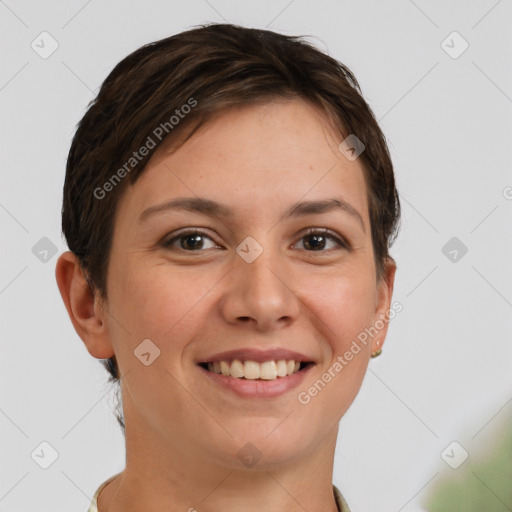 Joyful white young-adult female with short  brown hair and brown eyes