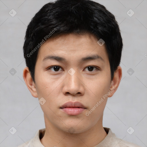 Neutral asian young-adult male with short  black hair and brown eyes