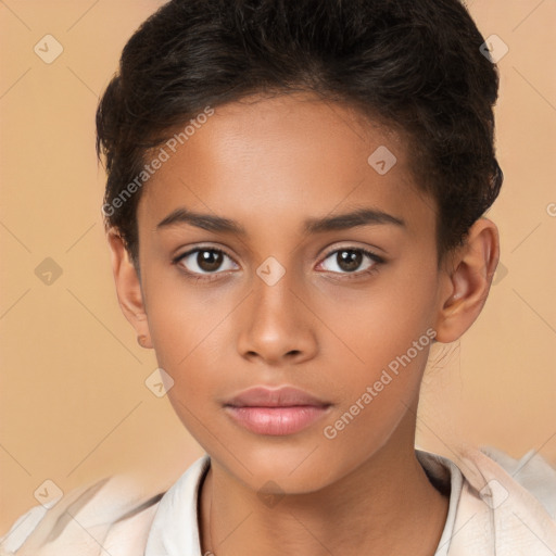 Neutral white young-adult female with short  brown hair and brown eyes