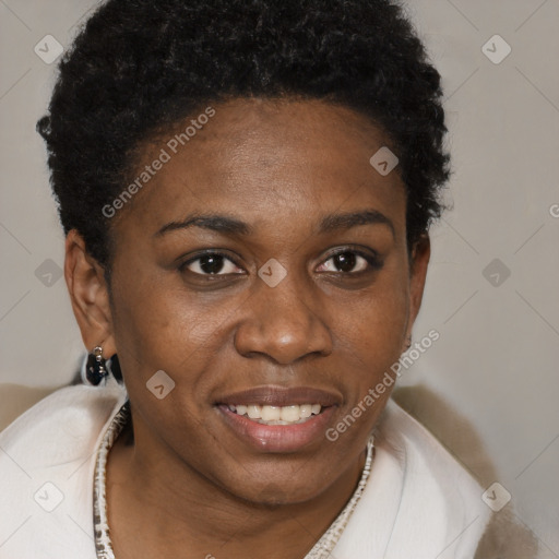 Joyful black young-adult female with short  brown hair and brown eyes