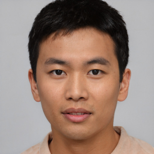 Neutral asian young-adult male with short  black hair and brown eyes