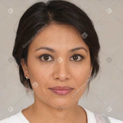 Joyful white young-adult female with medium  brown hair and brown eyes