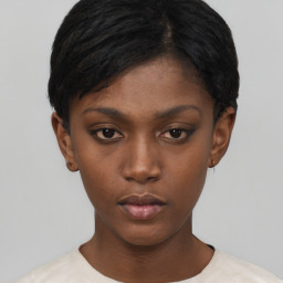 Neutral black young-adult female with short  black hair and brown eyes