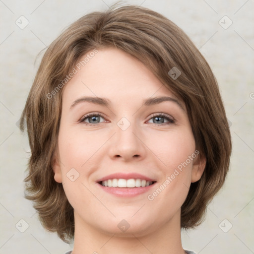 Joyful white young-adult female with medium  brown hair and green eyes