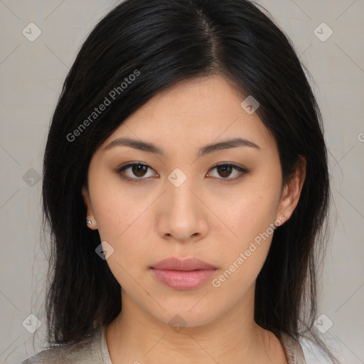 Neutral asian young-adult female with medium  brown hair and brown eyes