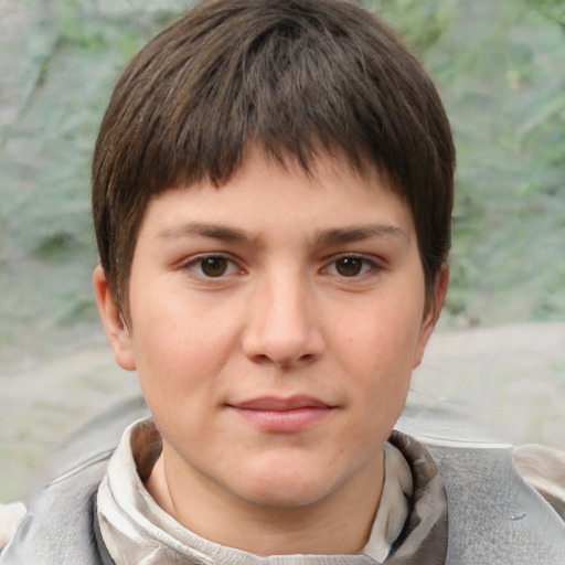 Neutral white young-adult female with short  brown hair and brown eyes