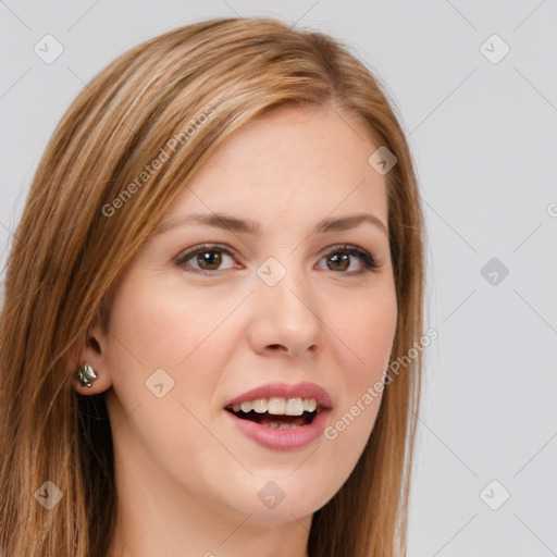 Joyful white young-adult female with long  brown hair and green eyes