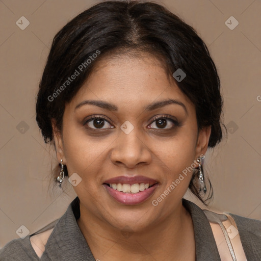 Joyful black young-adult female with medium  brown hair and brown eyes