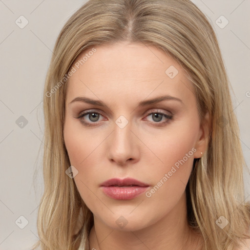 Neutral white young-adult female with long  brown hair and brown eyes