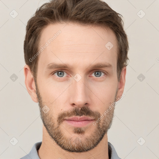 Neutral white young-adult male with short  brown hair and grey eyes