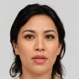 Neutral asian young-adult female with medium  brown hair and brown eyes