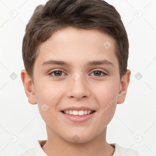 Joyful white child male with short  brown hair and brown eyes