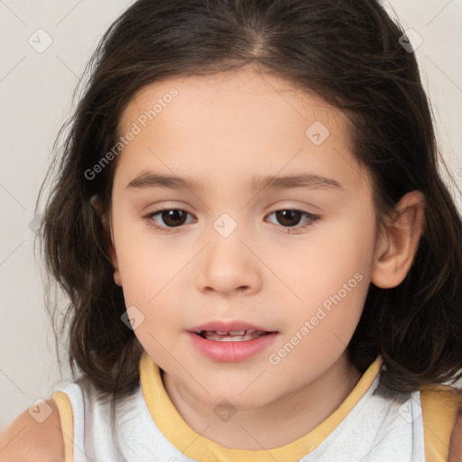 Joyful white child female with medium  brown hair and brown eyes