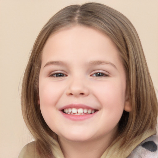 Joyful white child female with medium  brown hair and brown eyes