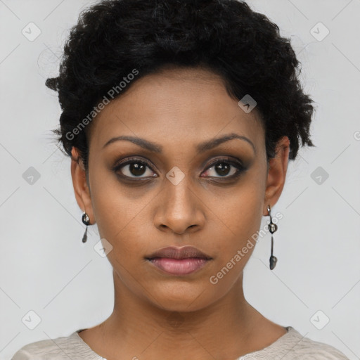 Neutral black young-adult female with short  black hair and brown eyes